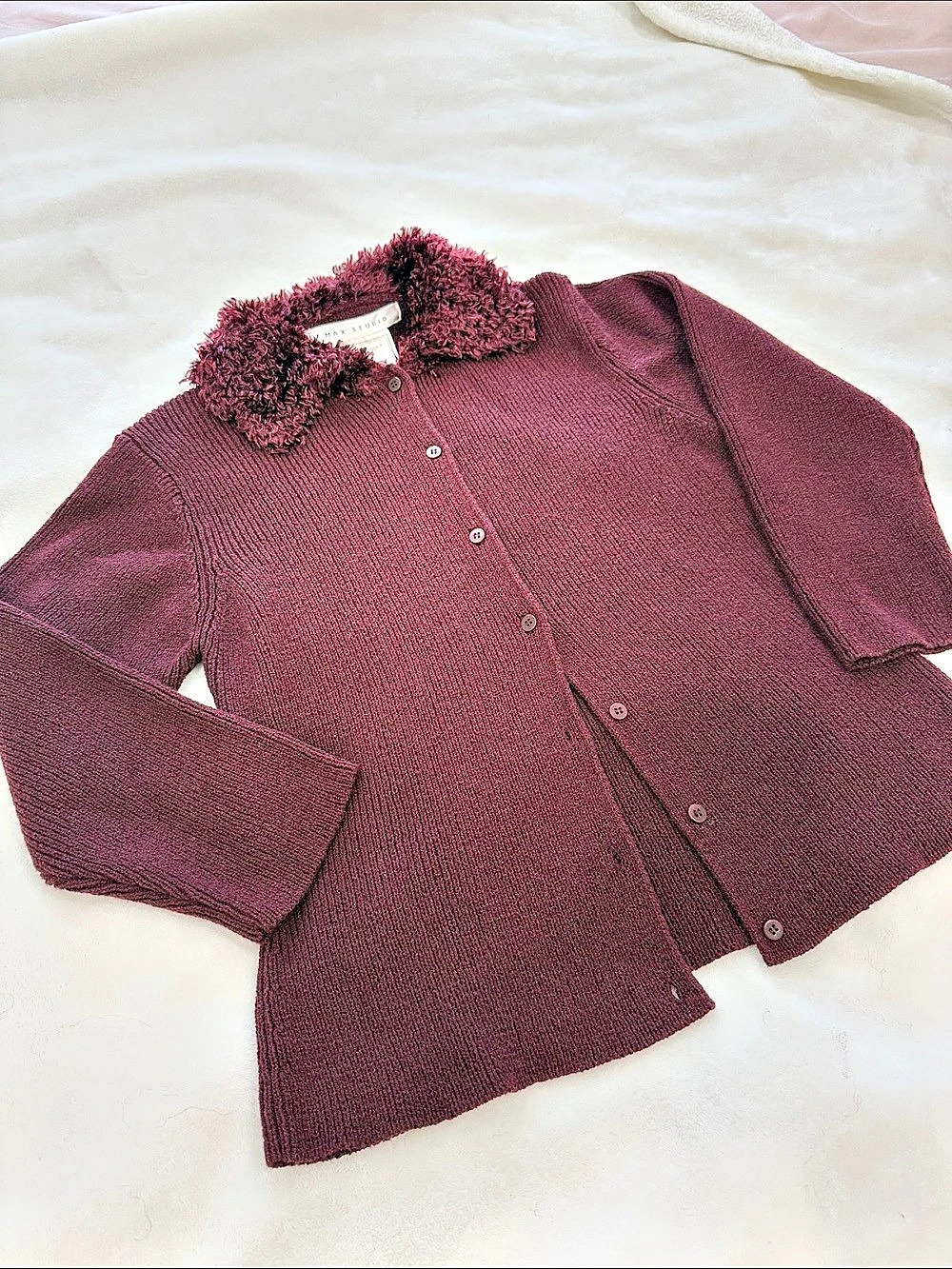 Max Studio Triton Faux Fur Collar Cardigan Burgundy Size Small